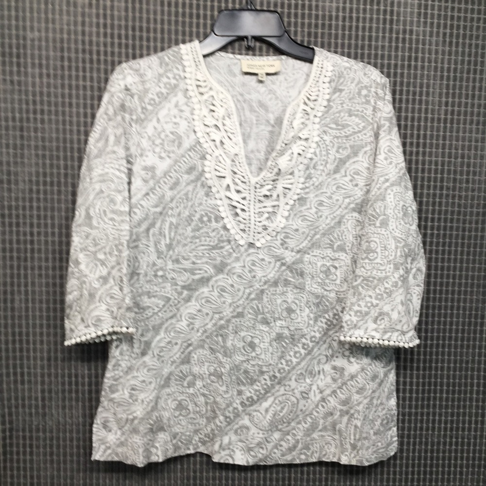 Jones New York Womens Tunic PM Grey Excellent Paisley Crochet V-Neck 3/4 Sleeve